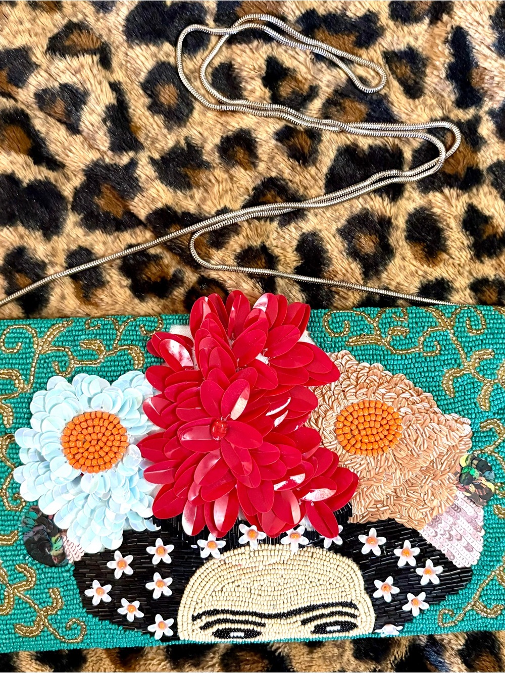 Hand beaded floral Frida Kahlo clutch purse with optional chain strap